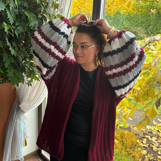 Burgundy Knit Cardigan: Oversized Wool Knitted Jacket Striped Bell Sleeves, code IA6